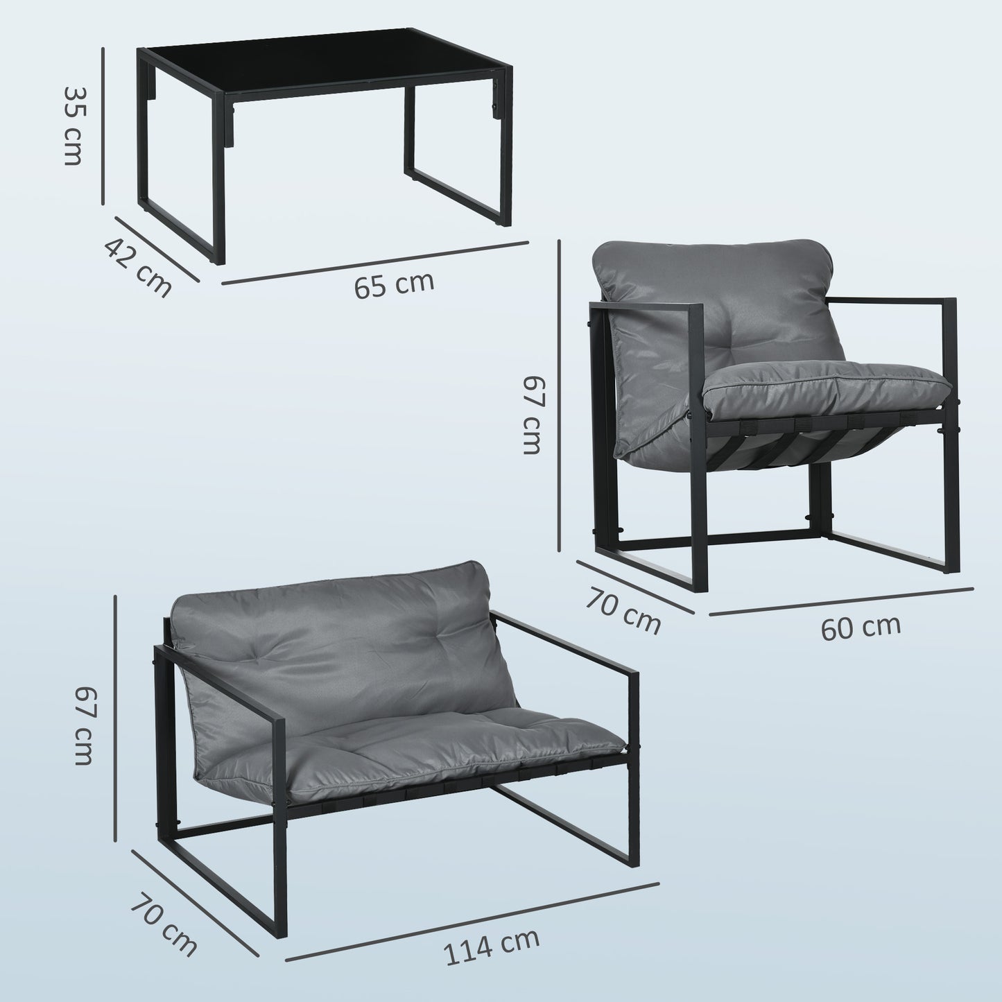 Sunny Set 4pcs Garden Sofa Set, Furniture Set with 2-Seater Sofa, 2 Armchairs, Cushions And Glass Coffee Table, Steel Structure, Black And Grey