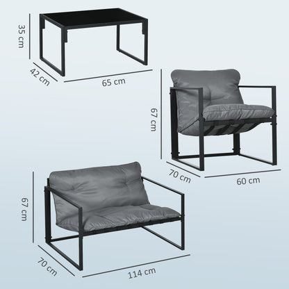 Sunny Set 4pcs Garden Sofa Set, Furniture Set with 2-Seater Sofa, 2 Armchairs, Cushions And Glass Coffee Table, Steel Structure, Black And Grey
