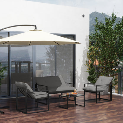 Sunny Set 4pcs Garden Sofa Set, Furniture Set with 2-Seater Sofa, 2 Armchairs, Cushions And Glass Coffee Table, Steel Structure, Black And Grey