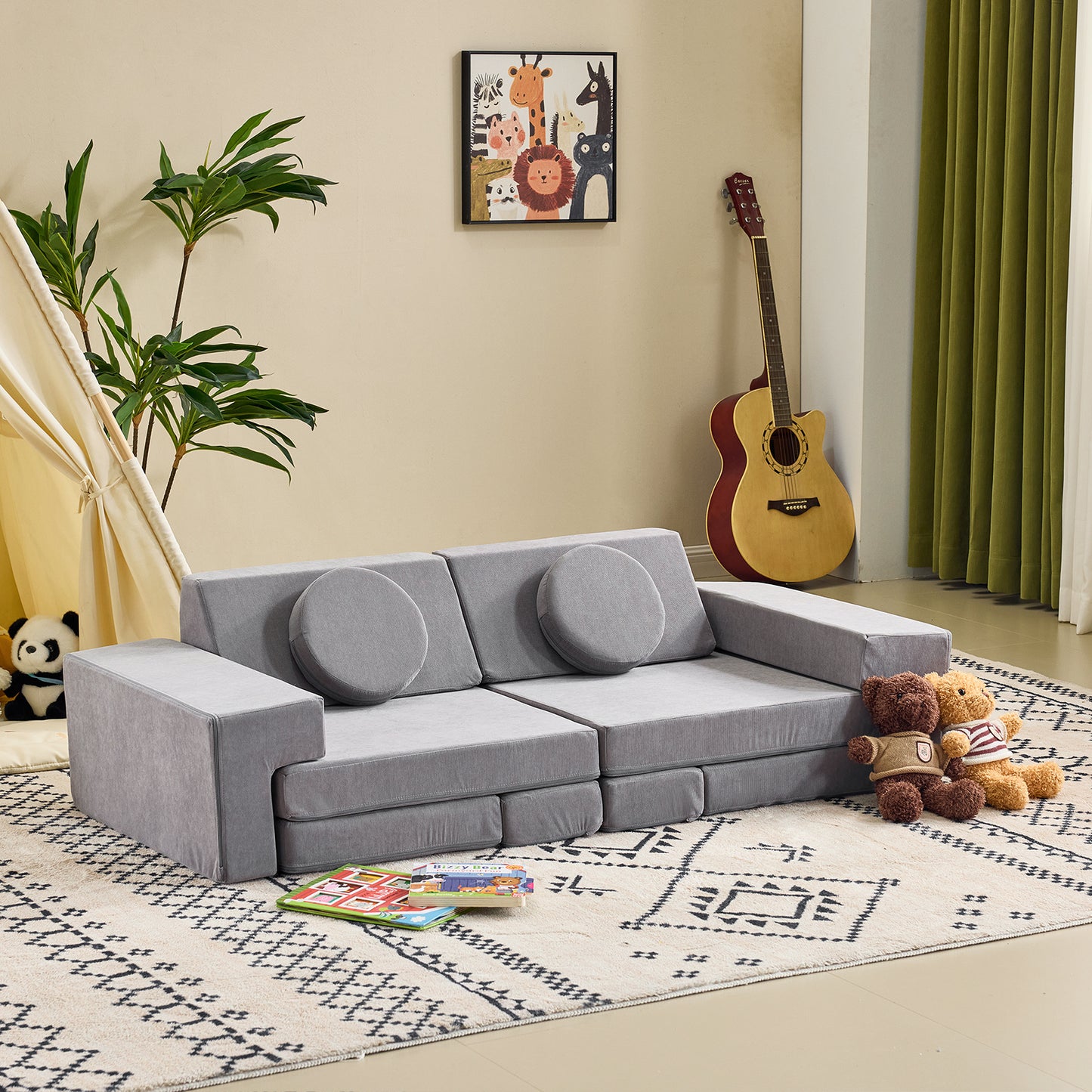 A 14pcs Modular Sofa Set That Can Be Reconfigured, Featuring Adjustable Layouts And Comfortable Gray Foam Material, Suitable for Living Rooms And Bedrooms