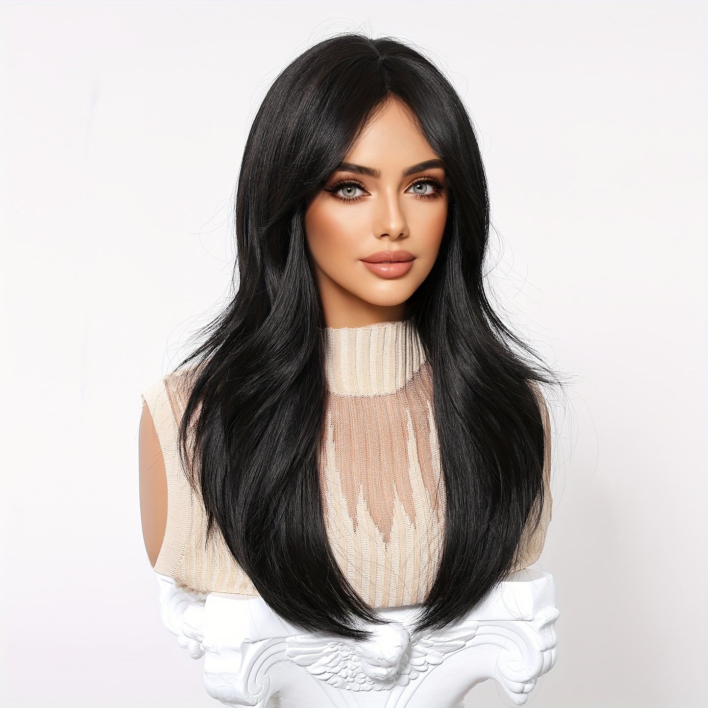 Daily Wig, Black Middle Part Long Straight Hair, Rose Net Cap, European and American Women