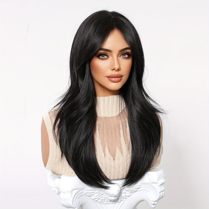 Daily Wig, Black Middle Part Long Straight Hair, Rose Net Cap, European and American Women
