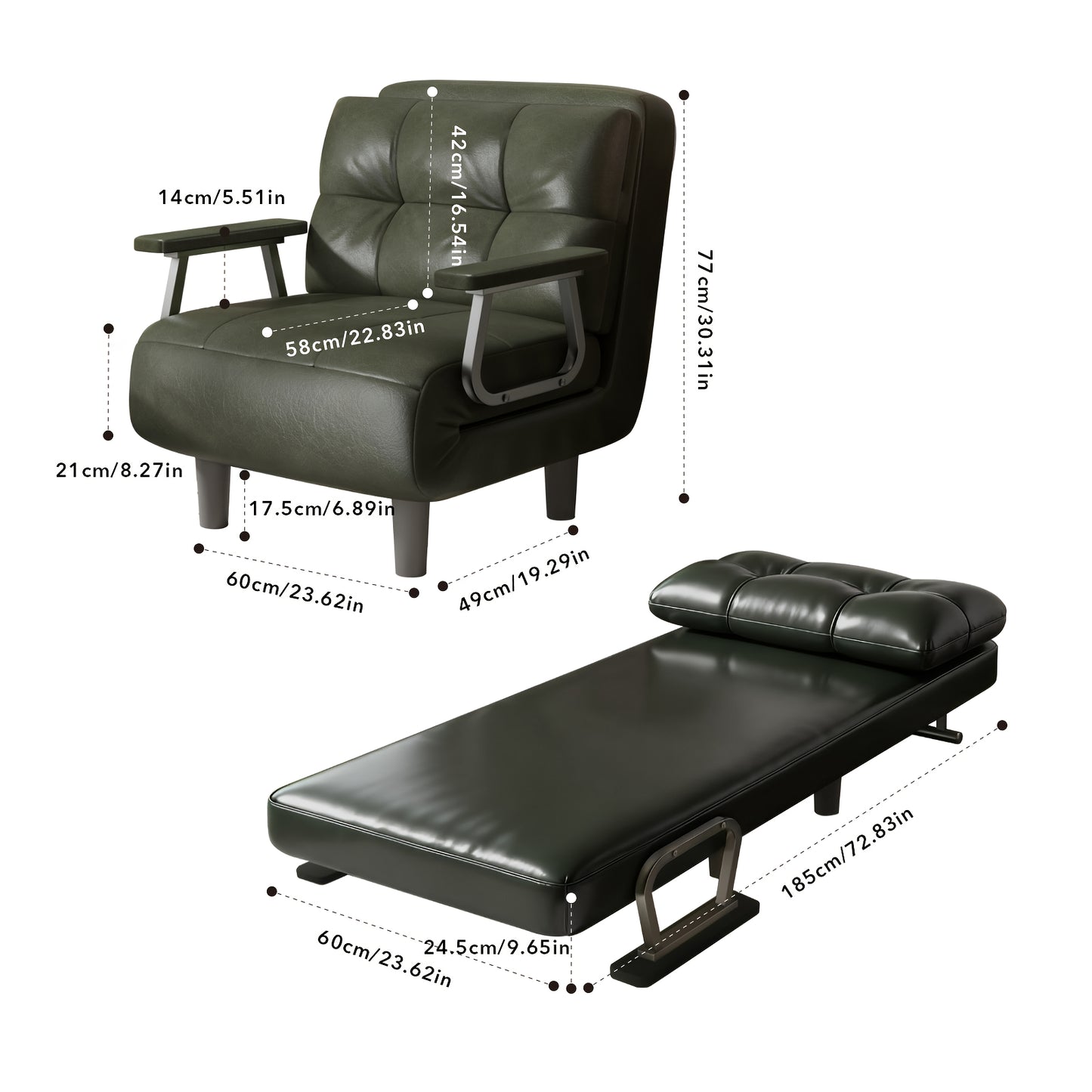 Foldable Sofa Bed Frame with Leather Armrests - Space-Saving Sleeper Bed Suitable for Small Apartments, Dorms, Guest Rooms