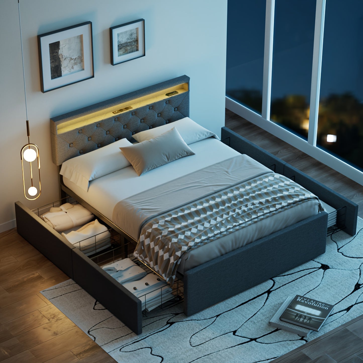 Kehot Letto Matrimoniale 140x200 con LED e 4 Cassetti Contenitore, Letto Imbottito in Tessuto Grigio con Testiera LED USB, Struttura Letto con Doghe in Legno e Metallo