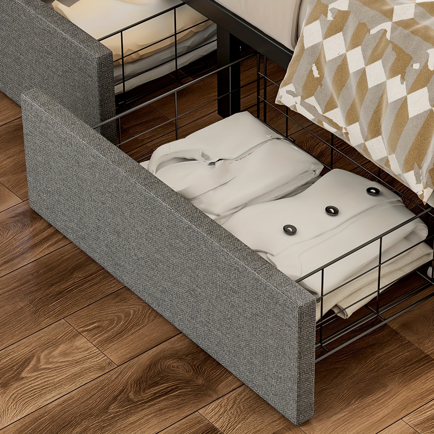 Kehot Letto Matrimoniale 140x200 con LED e 4 Cassetti Contenitore, Letto Imbottito in Tessuto Grigio con Testiera LED USB, Struttura Letto con Doghe in Legno e Metallo