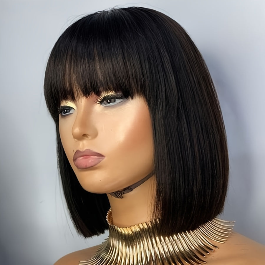 150% Density Short Bob Human Hair Wigs with Bangs | Straight, Glueless, Full Machine Made, 100% Real Human Hair, Rose Net Cap, by FUNKY GIRL