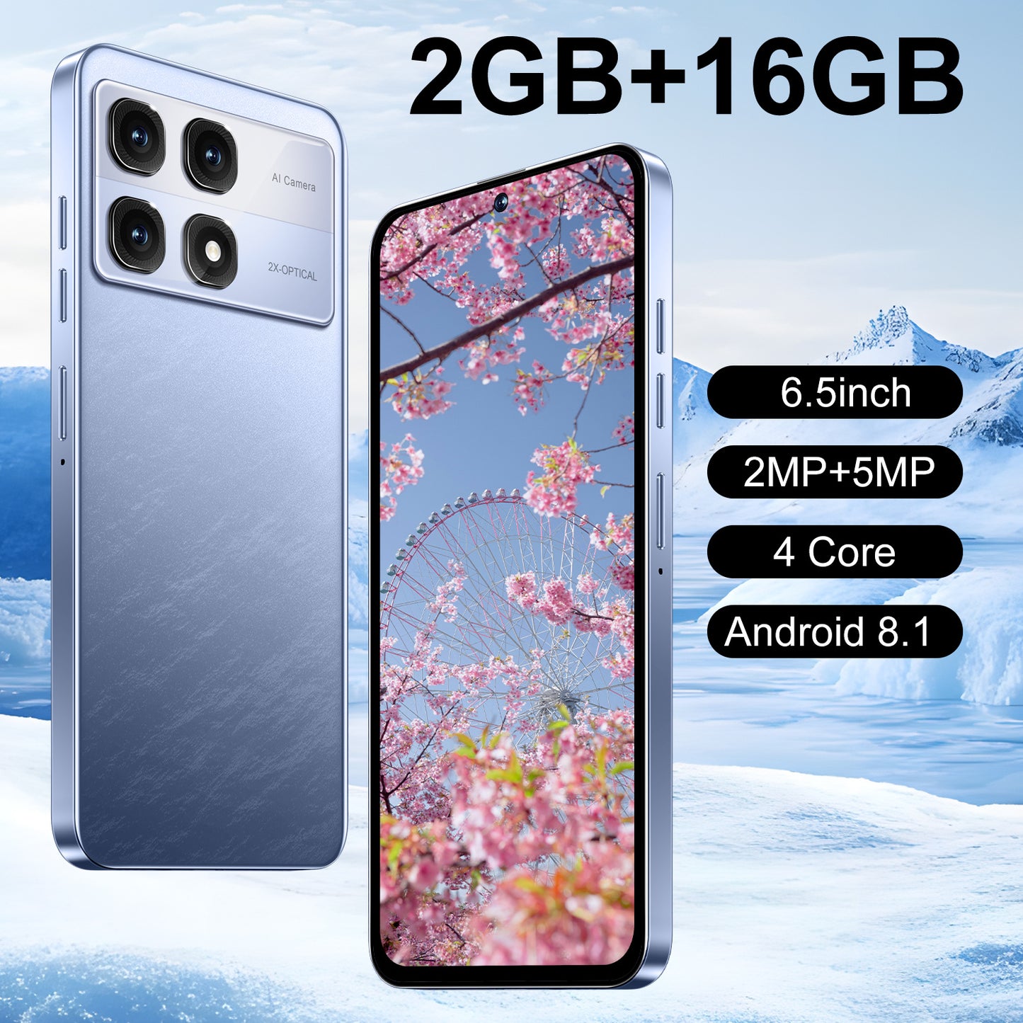 Smartphone with Dual SIM Dual Standby, 3G, 2GB of RAM, 16GB of Storage, a Large 6.5-Inch Touchscreen, 2MP And 5MP Cameras, Android 8.1