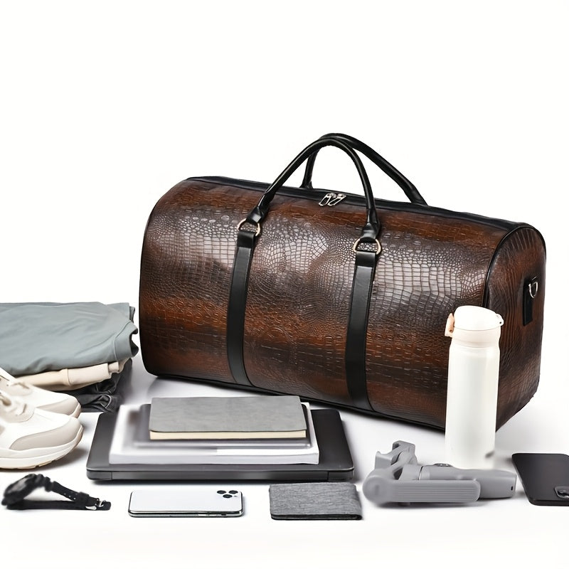 Vintage Crocodile Pattern Duffel Bag – Retro Large Capacity Travel Tote (Black, Light Brown, Dark Brown)