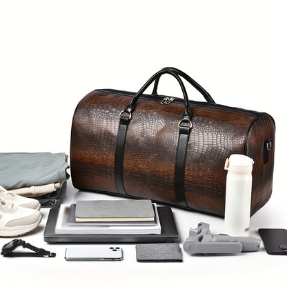 Vintage Crocodile Pattern Duffel Bag – Retro Large Capacity Travel Tote (Black, Light Brown, Dark Brown)
