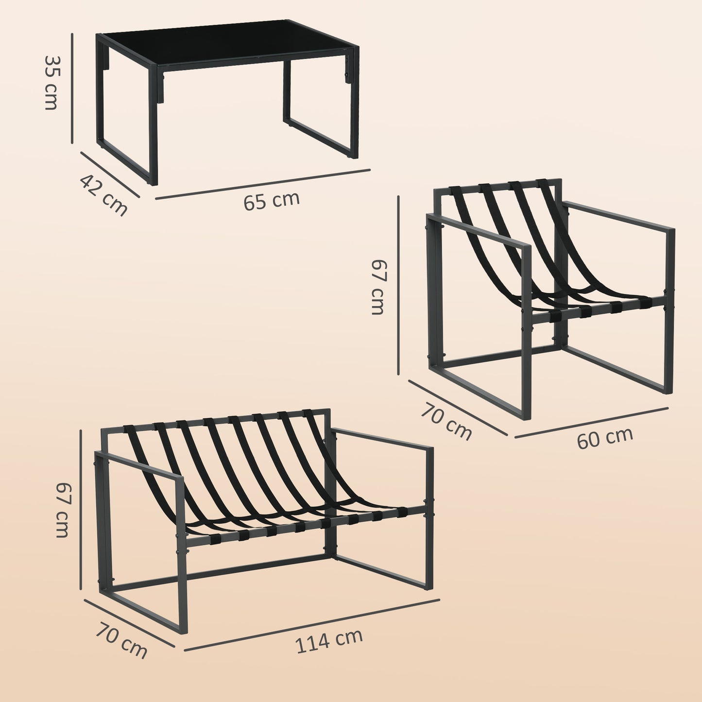 Sunny Set 4pcs Garden Sofa Set, Furniture Set with 2-Seater Sofa, 2 Armchairs, Cushions And Glass Coffee Table, Steel Structure, Black And Grey
