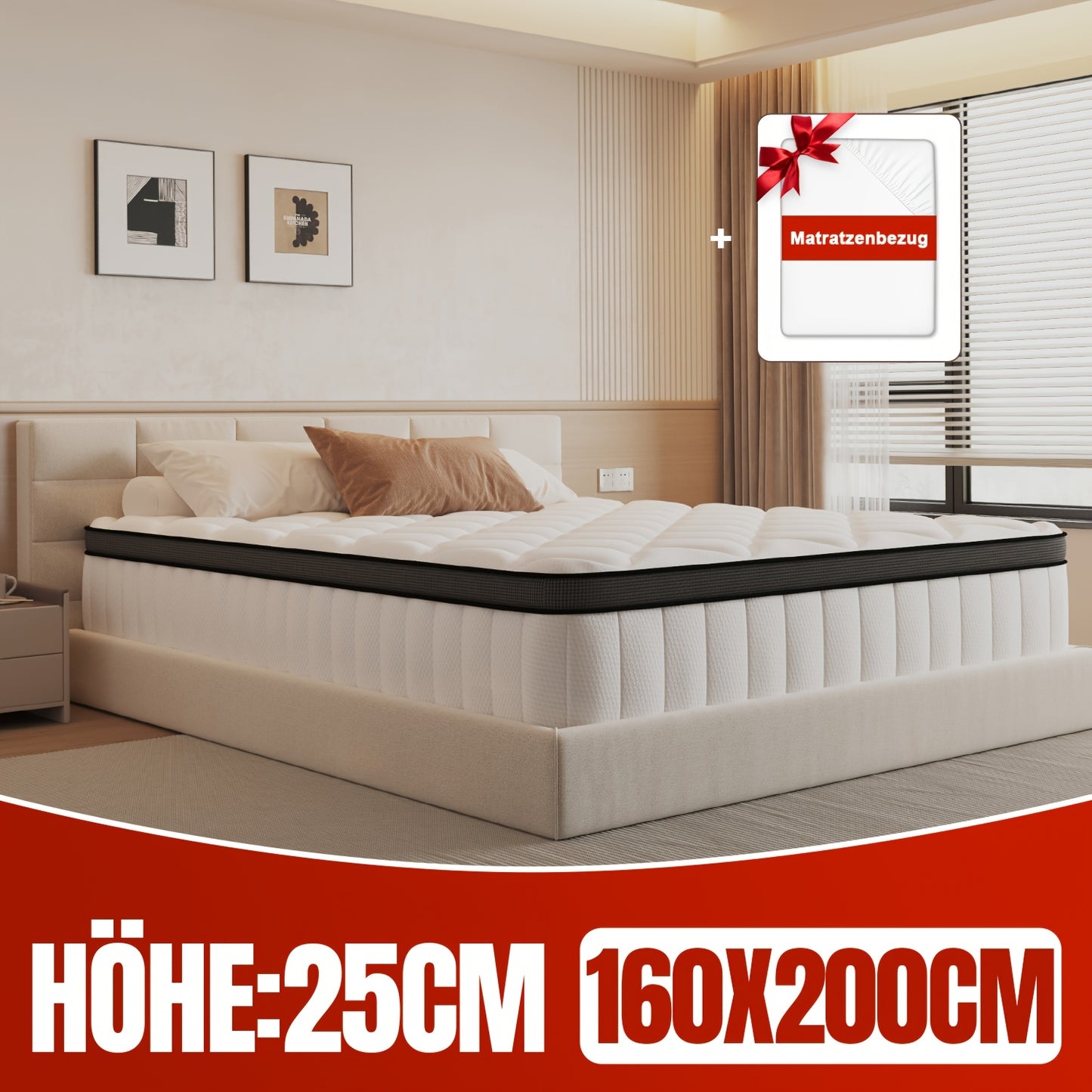 Gronfont Materasso 160x200/140x200/90x200/80x200cm 25cm 7-Zone Ergonomico Memory Foam Pocket Spring Materasso Adulto H3 Fermo con Coprimaterasso