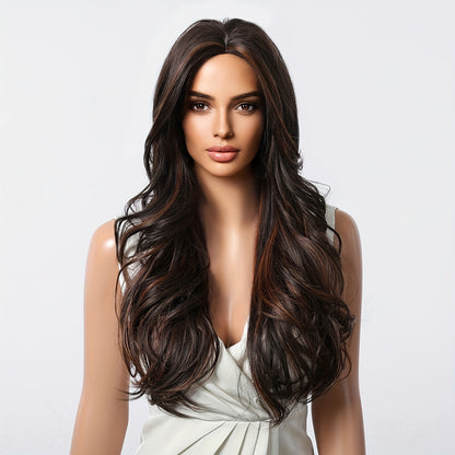 Elegant Long Brown Wig with Highlights | 150% Density Curly Waves | Rose Net Cap | Versatile Casual Attire - High-Temperature Matte Synthetic Fiber for Natural Look