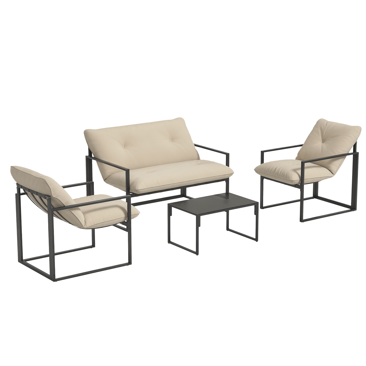 Sunny Set 4pcs Garden Sofa Set, Furniture Set with 2-Seater Sofa, 2 Armchairs, Cushions And Glass Coffee Table, Steel Structure, Black And Grey