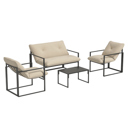 Sunny Set 4pcs Garden Sofa Set, Furniture Set with 2-Seater Sofa, 2 Armchairs, Cushions And Glass Coffee Table, Steel Structure, Black And Grey