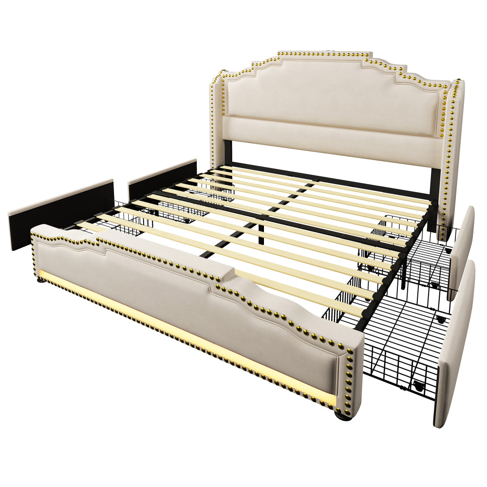 MUVOE Letto Moderno Minimalista 140x200/160x200cm con 4 Cassetti, Letto Contenitore in Velluto Beige, Struttura a Doghe, Letto Matrimoniale Hotel Business