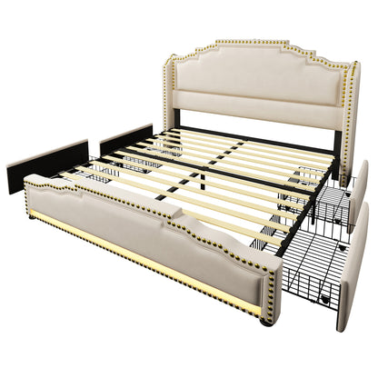 MUVOE Letto Moderno Minimalista 140x200/160x200cm con 4 Cassetti, Letto Contenitore in Velluto Beige, Struttura a Doghe, Letto Matrimoniale Hotel Business