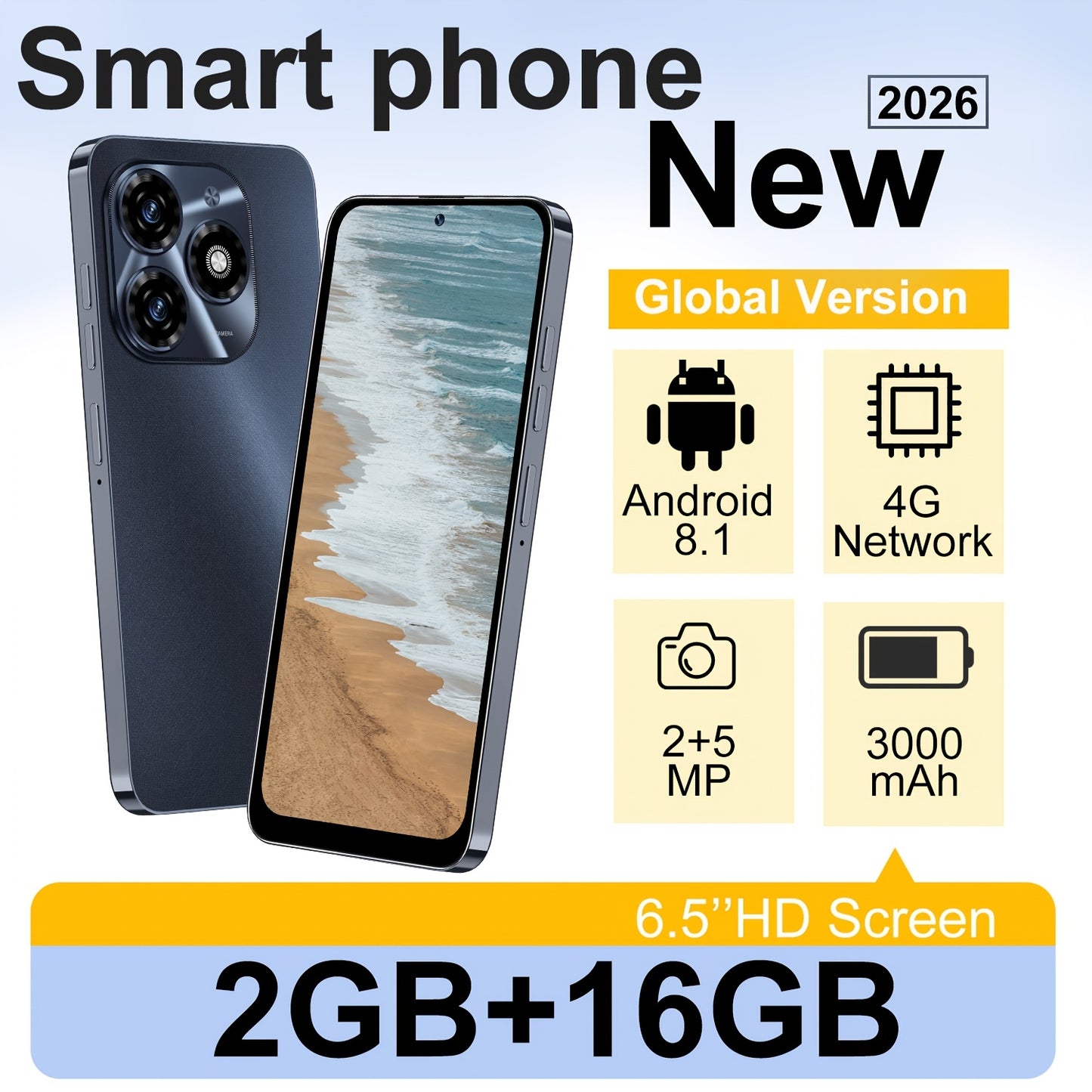 3G Android Smartphone | 2MP+5MP Camera, 6.5-Inch Touch Screen, 2GB RAM, 16GB Storage Space, Dual SIM Dual Standby, GPS, Android 8.1 System