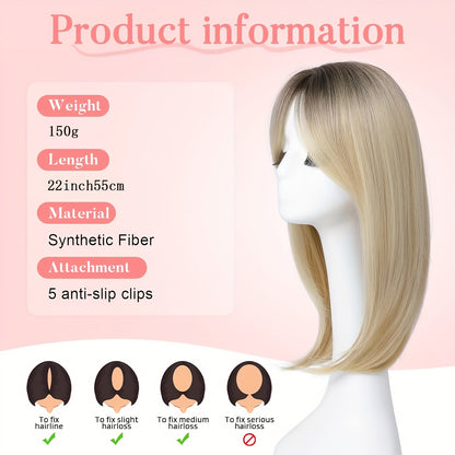 22-Inch (Approximately 55 Cm) Light Golden And Bleached Blonde Mixed Hair Top Synthetic Hairpiece with a Swiss Base And 3 Clips, Suitable for Thinning Hair And Gray Hair Loss.