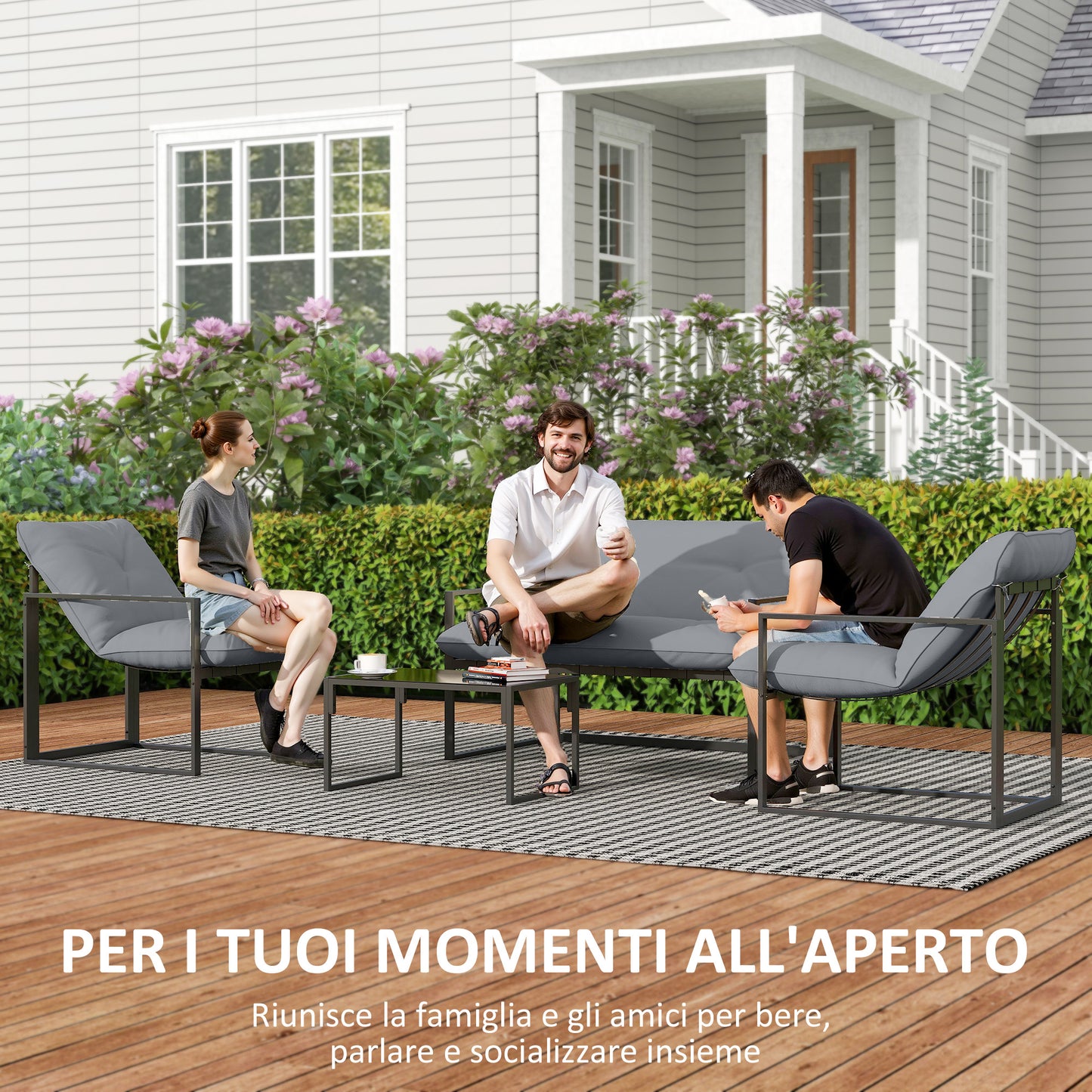 Sunny Set 4pcs Garden Sofa Set, Furniture Set with 2-Seater Sofa, 2 Armchairs, Cushions And Glass Coffee Table, Steel Structure, Black And Grey