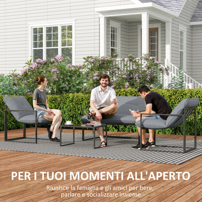 Sunny Set 4pcs Garden Sofa Set, Furniture Set with 2-Seater Sofa, 2 Armchairs, Cushions And Glass Coffee Table, Steel Structure, Black And Grey