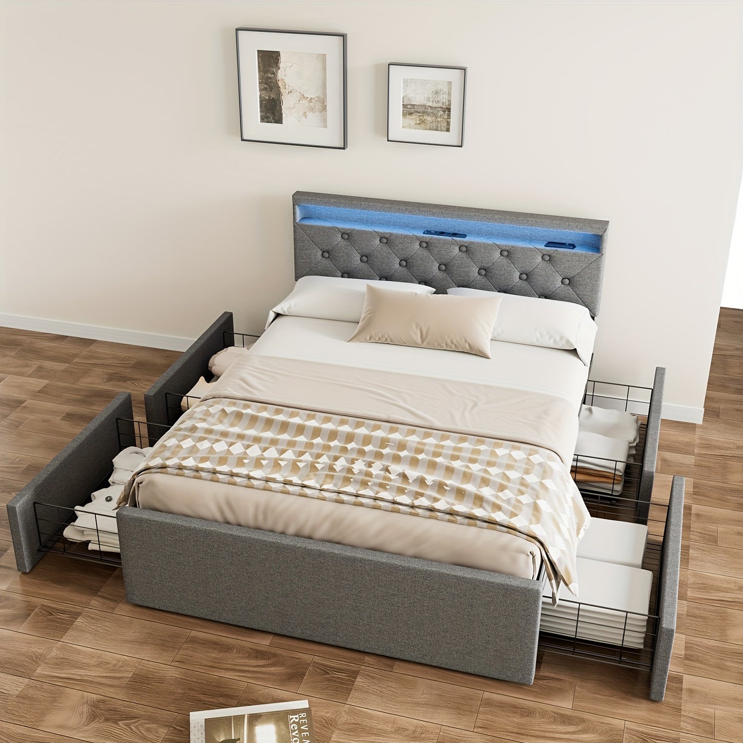 Kehot Letto Matrimoniale 140x200 con LED e 4 Cassetti Contenitore, Letto Imbottito in Tessuto Grigio con Testiera LED USB, Struttura Letto con Doghe in Legno e Metallo
