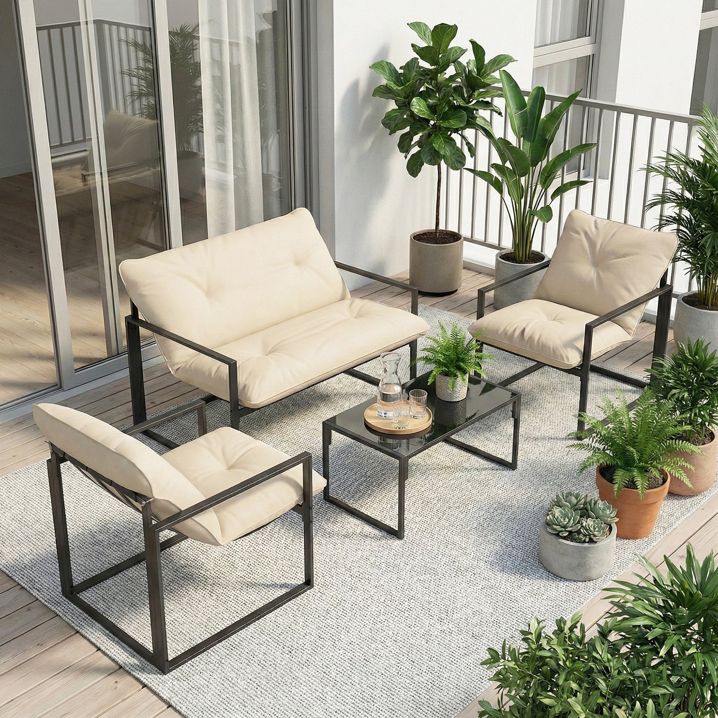 Sunny Set 4pcs Garden Sofa Set, Furniture Set with 2-Seater Sofa, 2 Armchairs, Cushions And Glass Coffee Table, Steel Structure, Black And Grey