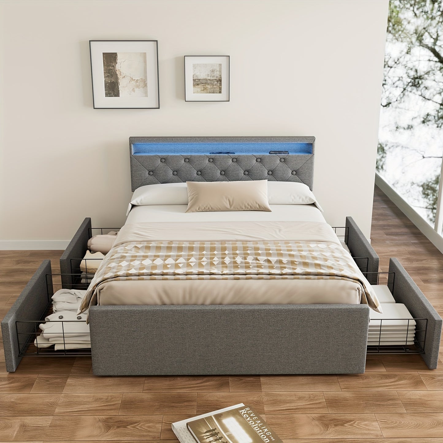 Kehot Letto Matrimoniale 140x200 con LED e 4 Cassetti Contenitore, Letto Imbottito in Tessuto Grigio con Testiera LED USB, Struttura Letto con Doghe in Legno e Metallo