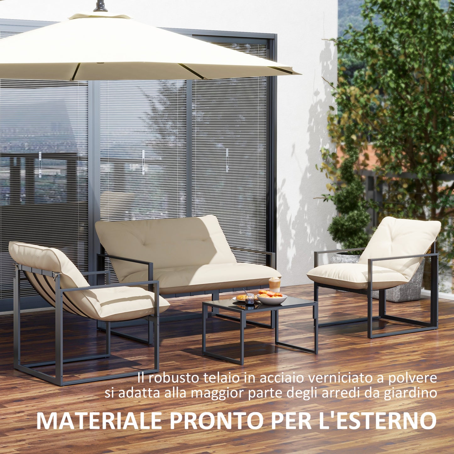 Sunny Set 4pcs Garden Sofa Set, Furniture Set with 2-Seater Sofa, 2 Armchairs, Cushions And Glass Coffee Table, Steel Structure, Black And Grey