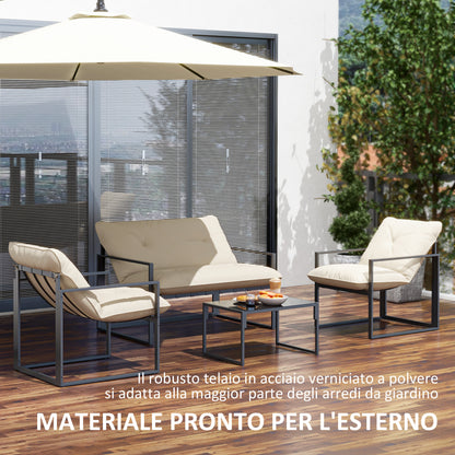 Sunny Set 4pcs Garden Sofa Set, Furniture Set with 2-Seater Sofa, 2 Armchairs, Cushions And Glass Coffee Table, Steel Structure, Black And Grey