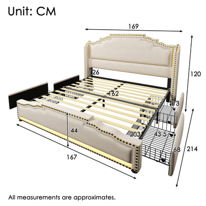 MUVOE Letto Moderno Minimalista 140x200/160x200cm con 4 Cassetti, Letto Contenitore in Velluto Beige, Struttura a Doghe, Letto Matrimoniale Hotel Business