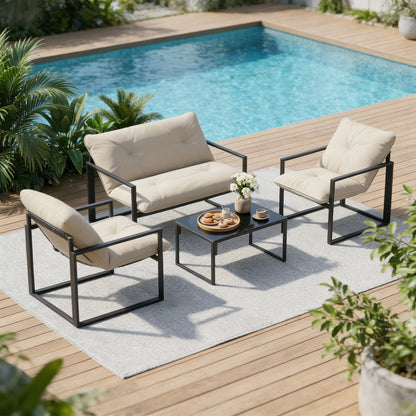 Sunny Set 4pcs Garden Sofa Set, Furniture Set with 2-Seater Sofa, 2 Armchairs, Cushions And Glass Coffee Table, Steel Structure, Black And Grey