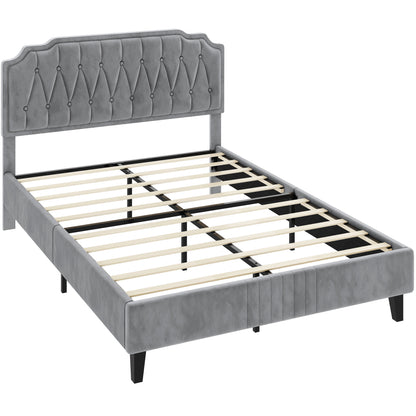 Costoffs Bed Frame with Upholstered And Quilted Headboard Adjustable Height Wooden Bed with Slatted Base Solid Wood And Metal Legs