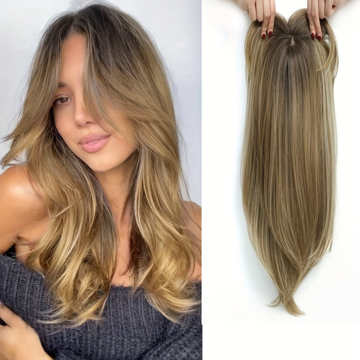 22-Inch (Approximately 55 Cm) Light Golden And Bleached Blonde Mixed Hair Top Synthetic Hairpiece with a Swiss Base And 3 Clips, Suitable for Thinning Hair And Gray Hair Loss.
