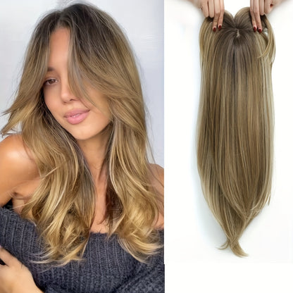 22-Inch (Approximately 55 Cm) Light Golden And Bleached Blonde Mixed Hair Top Synthetic Hairpiece with a Swiss Base And 3 Clips, Suitable for Thinning Hair And Gray Hair Loss.
