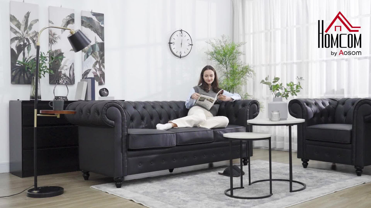 HOMCOM 3-Seater Chesterfield Style Sofa in Faux Leather, Wooden Leg Sofa for Living Room And Office, Black