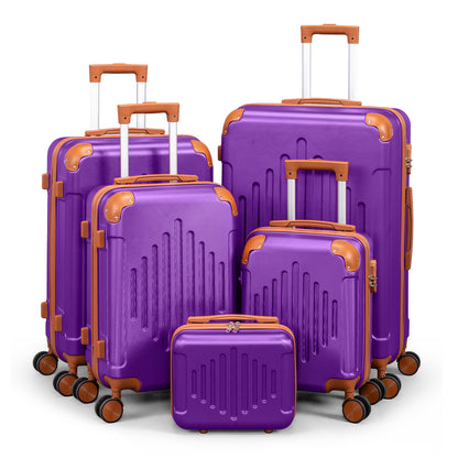 3/4/5pcs Dark Purple and Brown Hardside Luggage Set | Expandable Design with Spinner Wheels, Lightweight ABS+PC Luggage (12/16/20/24/28 Inch)