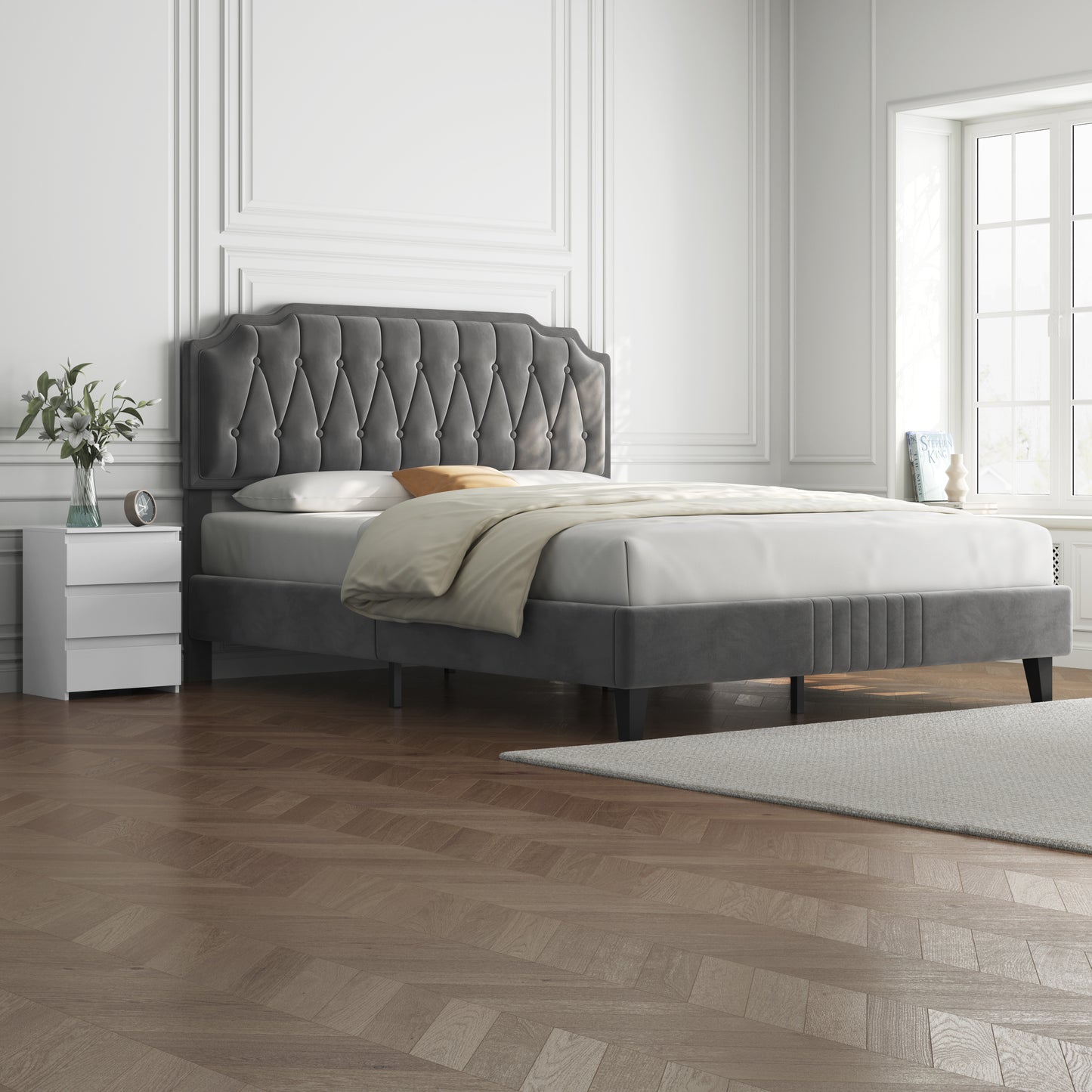 Costoffs Bed Frame with Upholstered And Quilted Headboard Adjustable Height Wooden Bed with Slatted Base Solid Wood And Metal Legs