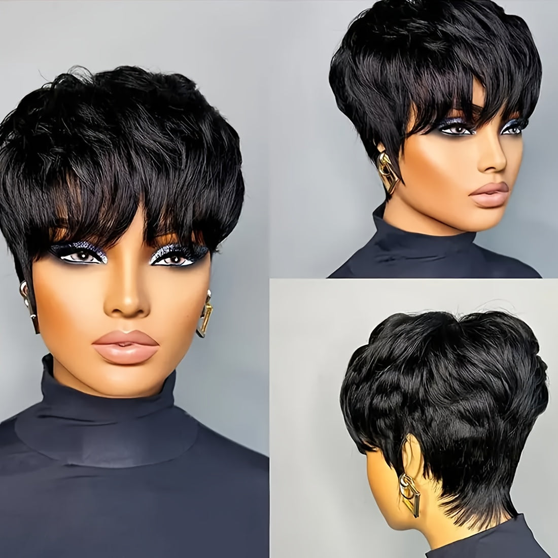 Short Bob Wig, Hair, Black, Female with Bangs, Natural Black, Short Layered, Daily Use
