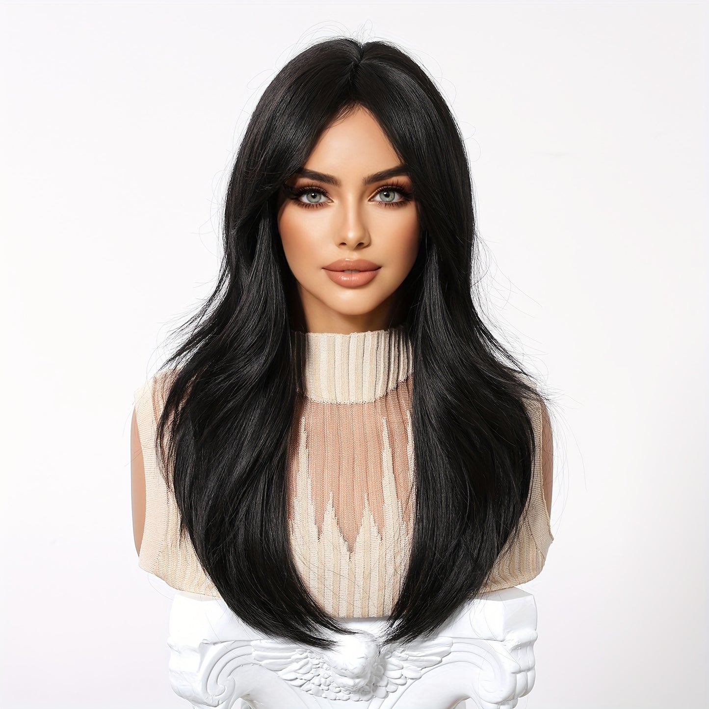 Daily Wig, Black Middle Part Long Straight Hair, Rose Net Cap, European and American Women