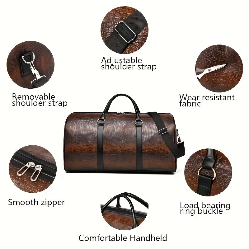 Vintage Crocodile Pattern Duffel Bag – Retro Large Capacity Travel Tote (Black, Light Brown, Dark Brown)