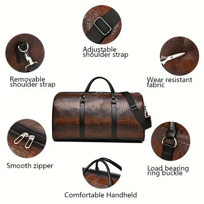 Vintage Crocodile Pattern Duffel Bag – Retro Large Capacity Travel Tote (Black, Light Brown, Dark Brown)