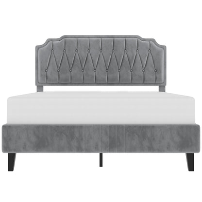 Costoffs Bed Frame with Upholstered And Quilted Headboard Adjustable Height Wooden Bed with Slatted Base Solid Wood And Metal Legs