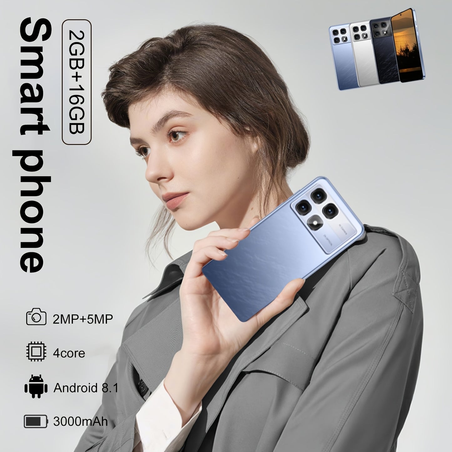 6.56-inch high touch screen, 2GB RAM+16GB ROM dual SIM card, 3000mAh battery, Type-C USB 2MP+16MP high-definition front and rear cameras