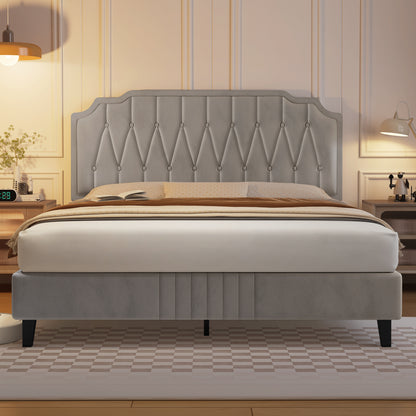Costoffs Bed Frame with Upholstered And Quilted Headboard Adjustable Height Wooden Bed with Slatted Base Solid Wood And Metal Legs