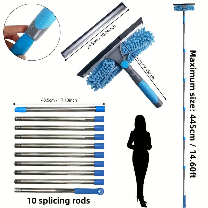 Kit 2 in 1 per la pulizia di finestre alte con 10 aste di prolunga senza aliment