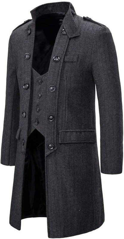 Cappotto lungo da uomo caldo e invernale, con bottoni, in tweed classico