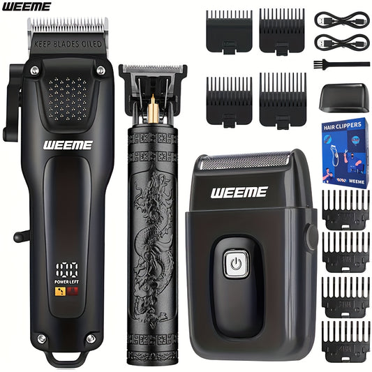 3 Piece Professional Hair Clipper for Men + Beard Trimmer + Electric Razor Kit