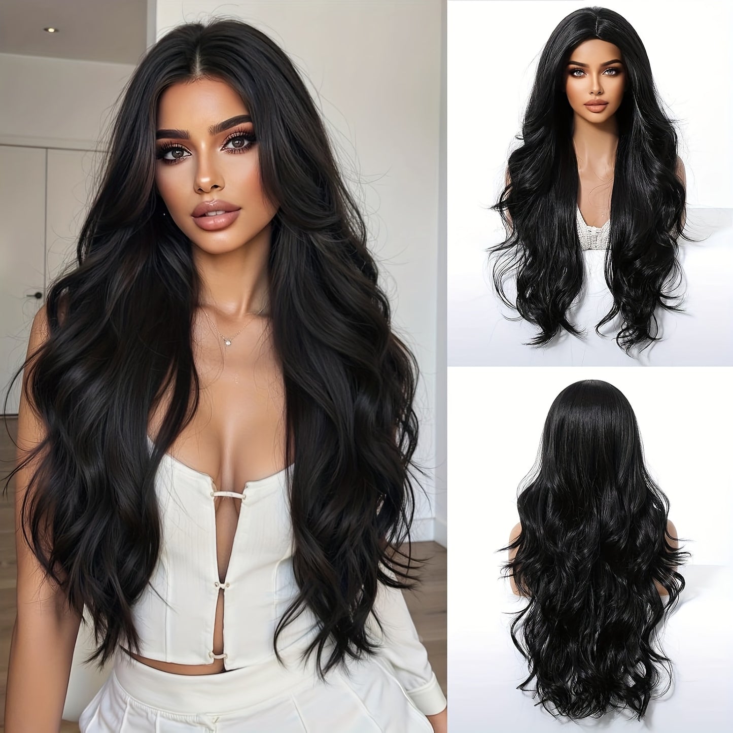 28-inch Black Body Wave Wig - Adds a Sense of Elegance to Long Curly Hair. Offers Natural Shine. A Sophisticated Girl's Style. Perfect for Themed Parties and Everyday Party Gatherings. Must-have for Regular Parties and Gather