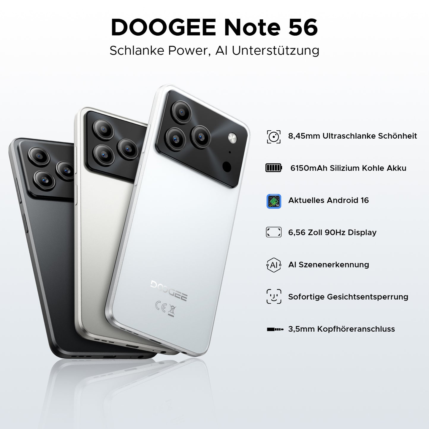 DOOGEE Note 56 Android 16 Smartphone, 6150Mah Battery, 8.45Mm Ultra-Thin + 6.56" HD + 90Hz, Octa Core, 24 GB(3+21)RAM + 64 GBROM 2TB TF, 4G Dual SIM, Face ID/GPS/OTG
