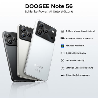 DOOGEE Note 56 Android 16 Smartphone, 6150Mah Battery, 8.45Mm Ultra-Thin + 6.56" HD + 90Hz, Octa Core, 24 GB(3+21)RAM + 64 GBROM 2TB TF, 4G Dual SIM, Face ID/GPS/OTG